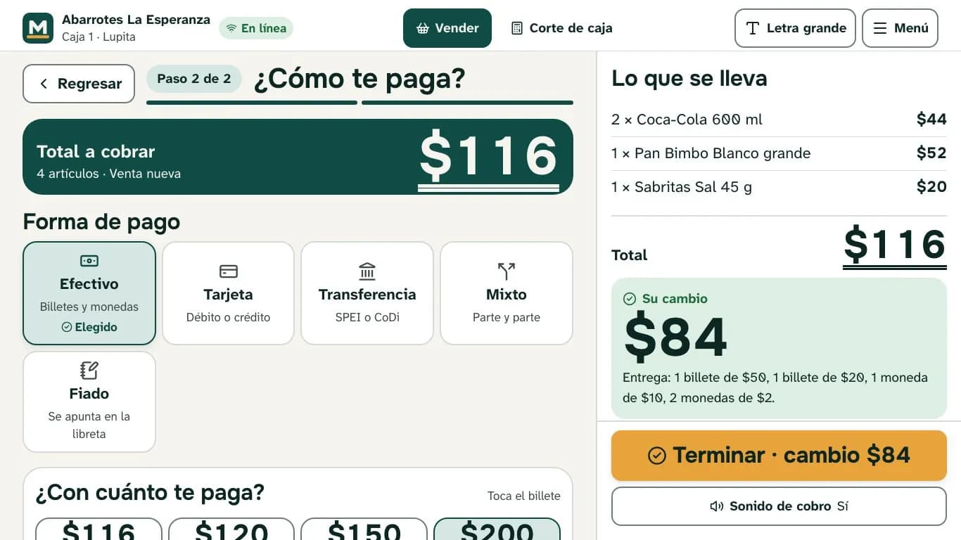Pantalla de cobro: total $116, paga con $200 y su cambio es $84
