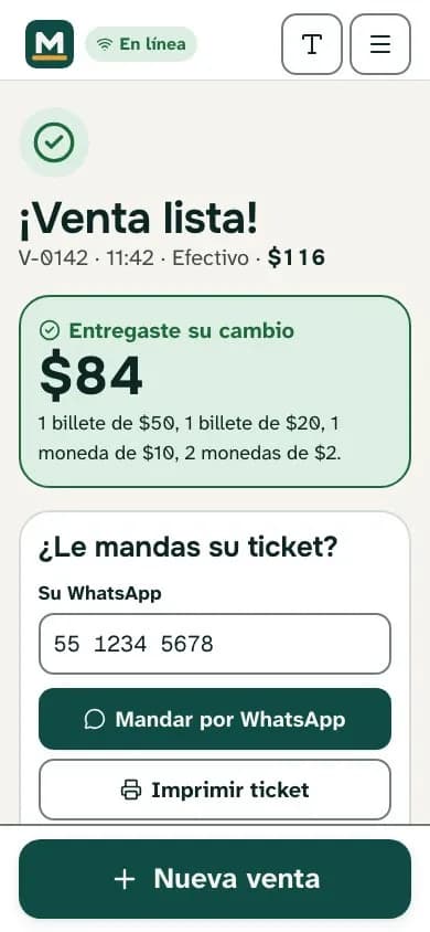 Venta lista: cambio $84 y botón Mandar por WhatsApp